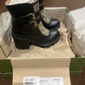 Gucci Black and Gold Patterned Heeled Boots